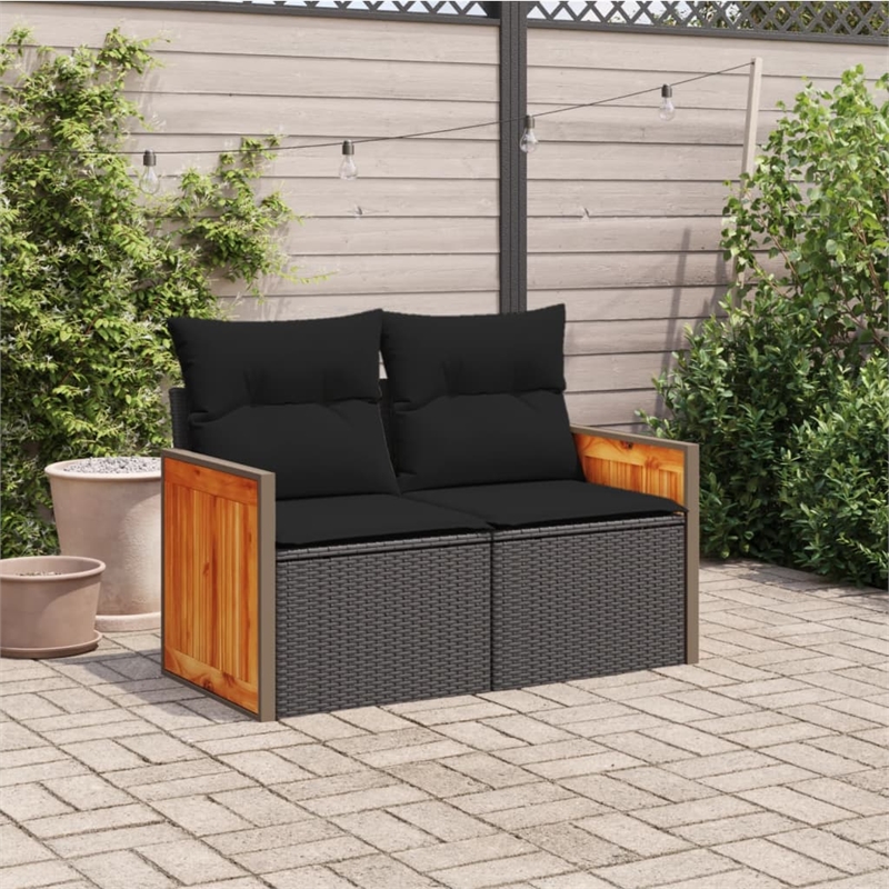vidaXL PE Rattan & Powder-Coated Steel & Solid Acacia Wood Garden Sofa in Black