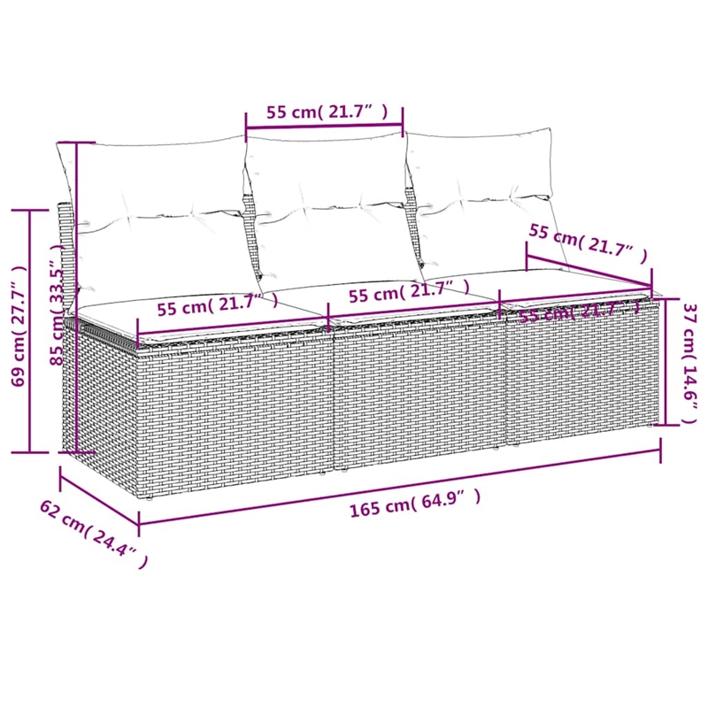 vidaXL 3-Seater Poly Rattan Garden Sofa With Adjustable Armrests in Black