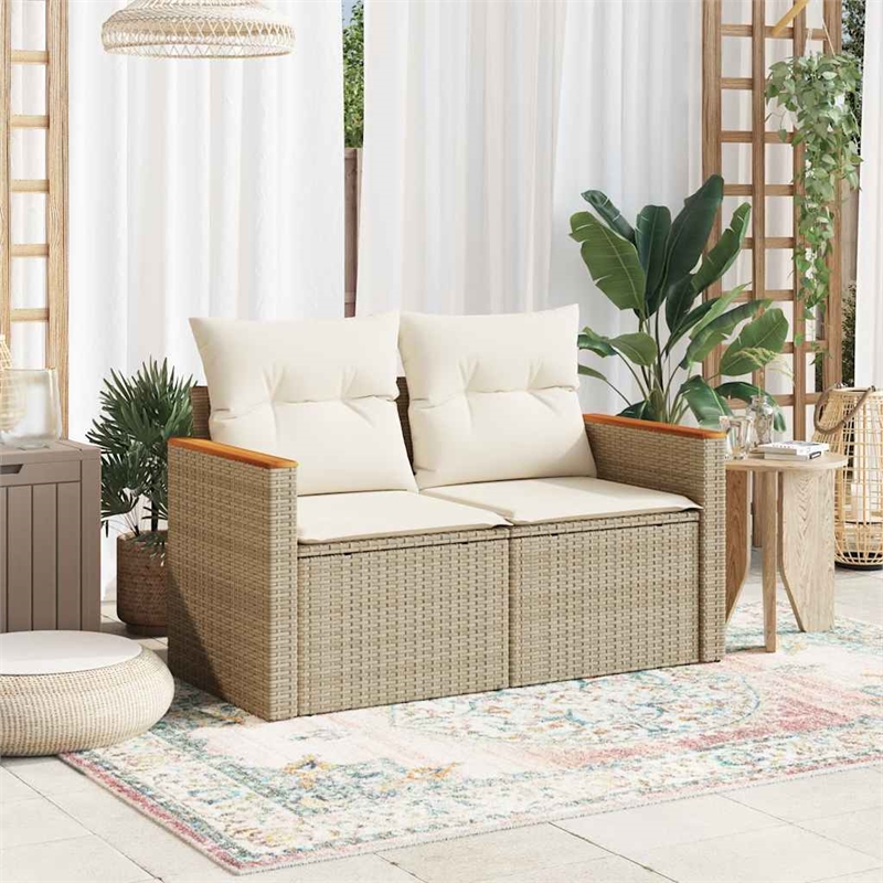vidaXL PE Rattan & Powder-Coated Steel & Solid Acacia Wood Patio Sofa in Beige
