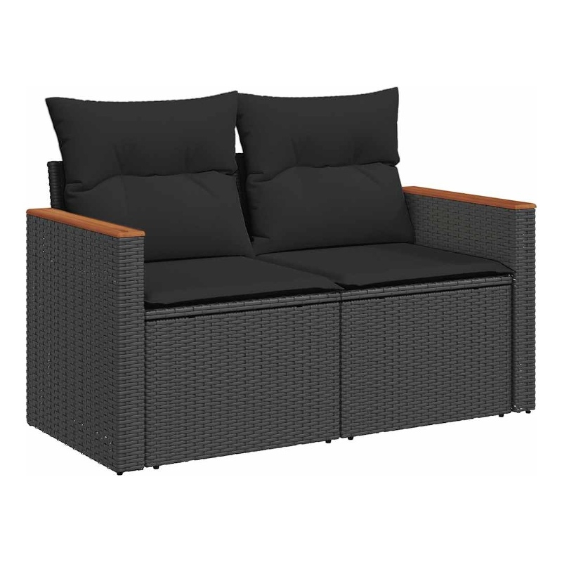 vidaXL PE Rattan & Powder-Coated Steel & Solid Acacia Wood Garden Sofa in Black