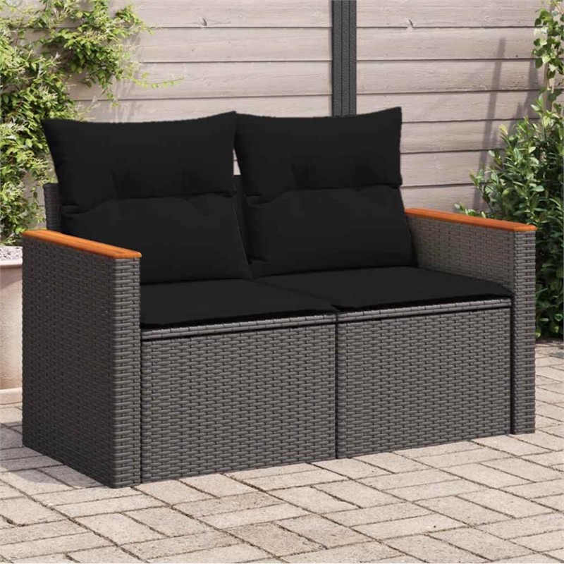 vidaXL PE Rattan & Powder-Coated Steel & Solid Acacia Wood Garden Sofa in Black