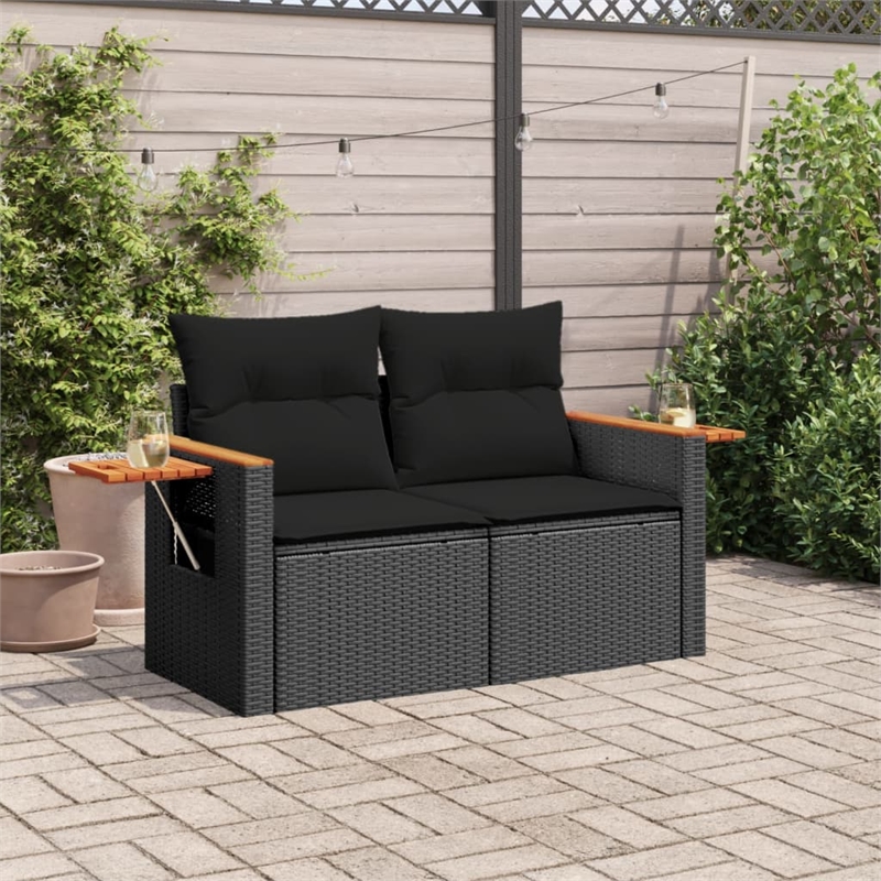 vidaXL PE Rattan & Powder-Coated Steel & Solid Acacia Wood Garden Sofa in Black