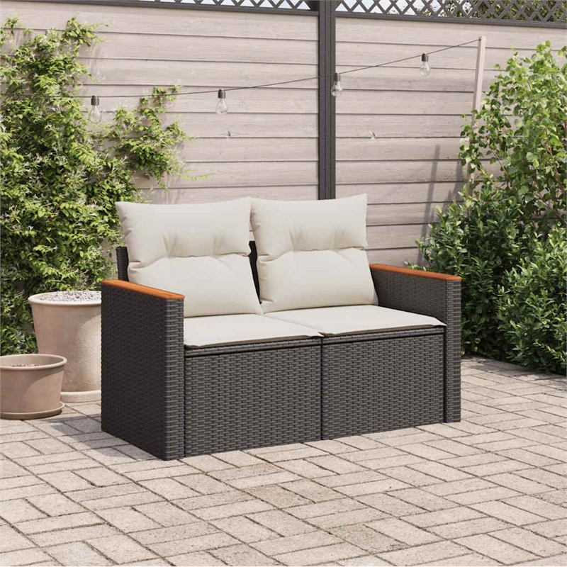 vidaXL PE Rattan & Powder-Coated Steel & Solid Acacia Wood Garden Sofa in Black