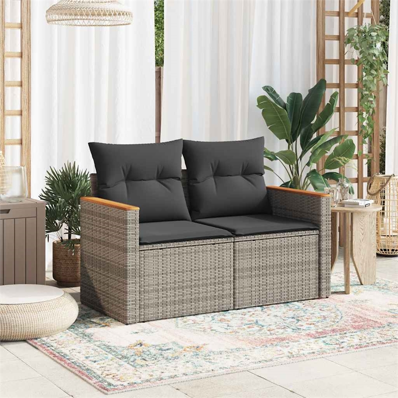 vidaXL PE Rattan Powder-Coated Steel And Solid Acacia Wood Garden Sofa in Grey