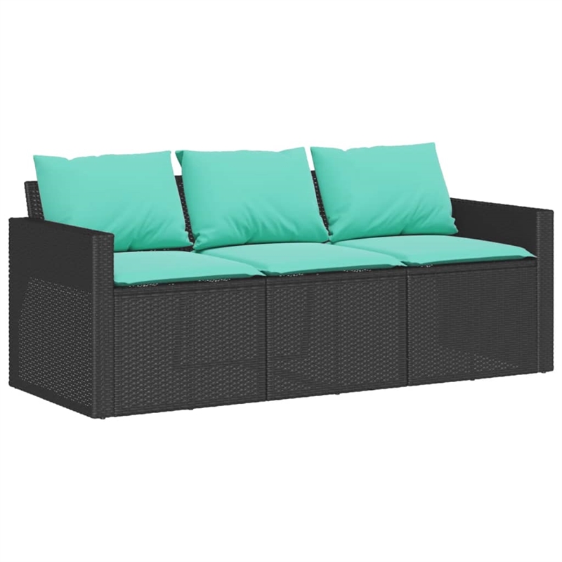 vidaXL Medium PE Rattan Garden Sofa With Blue Cushions in Black Frame