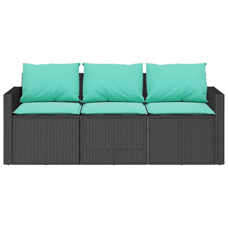 vidaXL Medium PE Rattan Garden Sofa With Blue Cushions in Black Frame