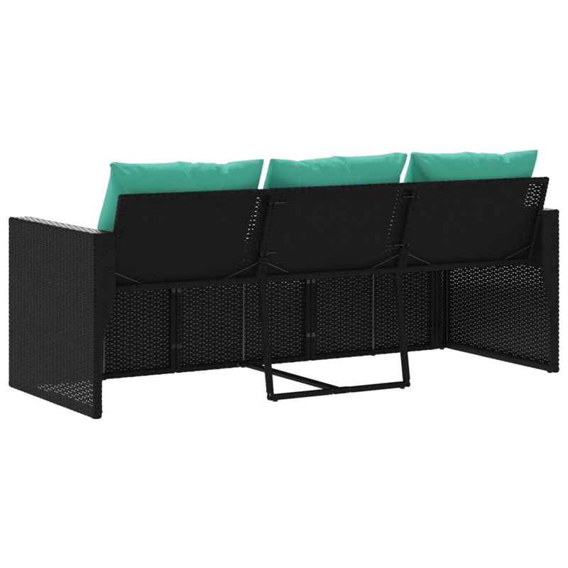 vidaXL Medium PE Rattan Garden Sofa With Blue Cushions in Black Frame