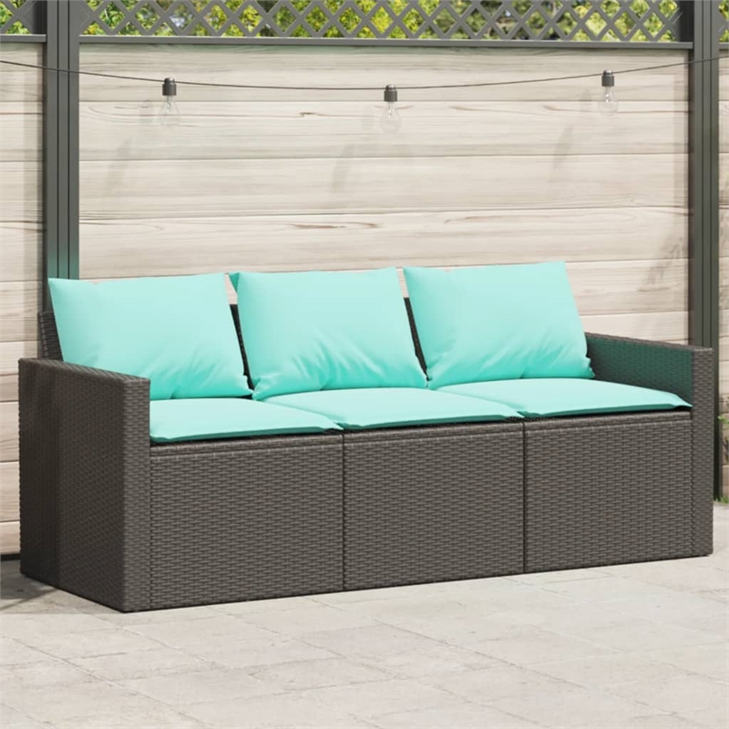 vidaXL Medium PE Rattan Garden Sofa With Blue Cushions in Black Frame