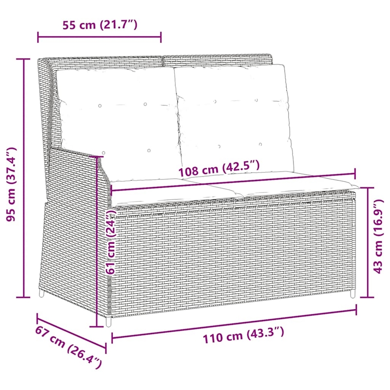 vidaXL PE Rattan Reclining Patio Bench in Light Grey