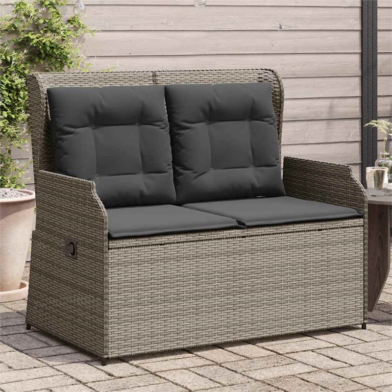 vidaXL Medium Poly Rattan And Powder-Coated Steel Reclining Garden Bench in Grey