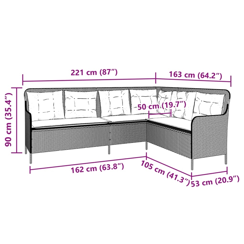 vidaXL 5-Seater L-Shaped Poly Rattan And Powder-Coated Steel Patio Sofa in Grey