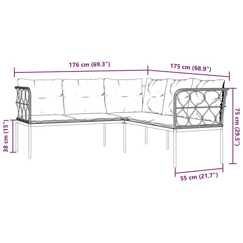 vidaXL Powder-Coated Steel & Textilene Fabric & PE Rattan Garden Sofa in Black