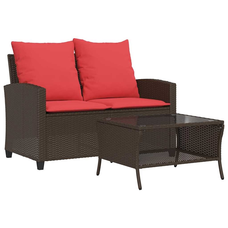 vidaXL 2-Seater Patio Sofa With Cushions in Red And Table in Brown Poly Rattan