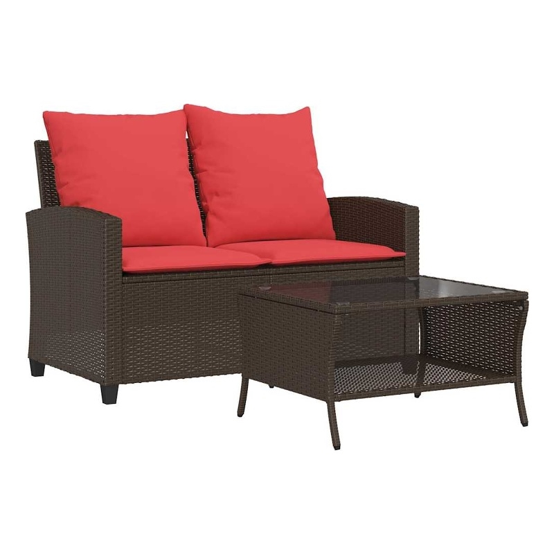 vidaXL 2-Seater Patio Sofa With Cushions in Red And Table in Brown Poly Rattan