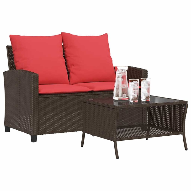 vidaXL 2-Seater Patio Sofa With Cushions in Red And Table in Brown Poly Rattan