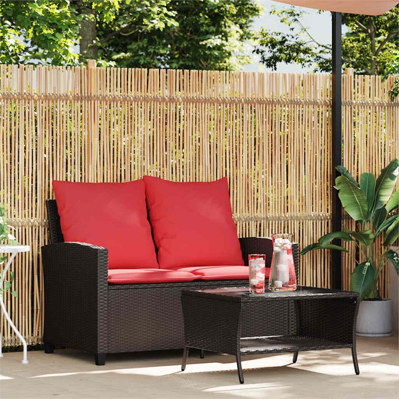 vidaXL 2-Seater Patio Sofa With Cushions in Red And Table in Brown Poly Rattan