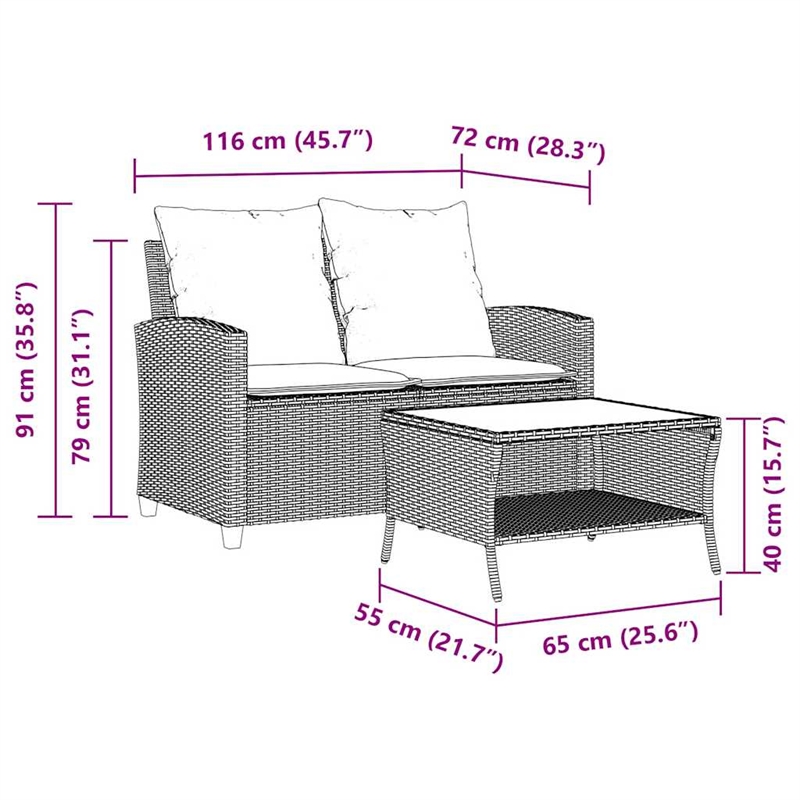 vidaXL 2-Seater Patio Sofa With Cushions in Red And Table in Brown Poly Rattan