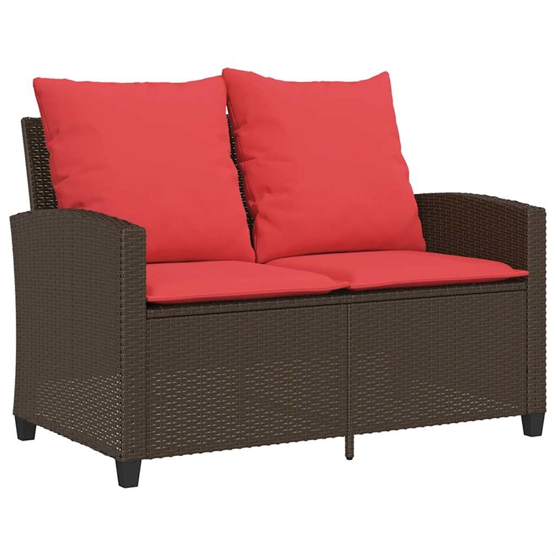 vidaXL 2-Seater Patio Sofa With Cushions in Red And Table in Brown Poly Rattan