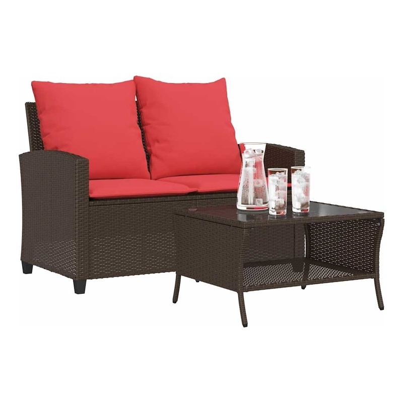 vidaXL 2-Seater Patio Sofa With Cushions in Red And Table in Brown Poly Rattan