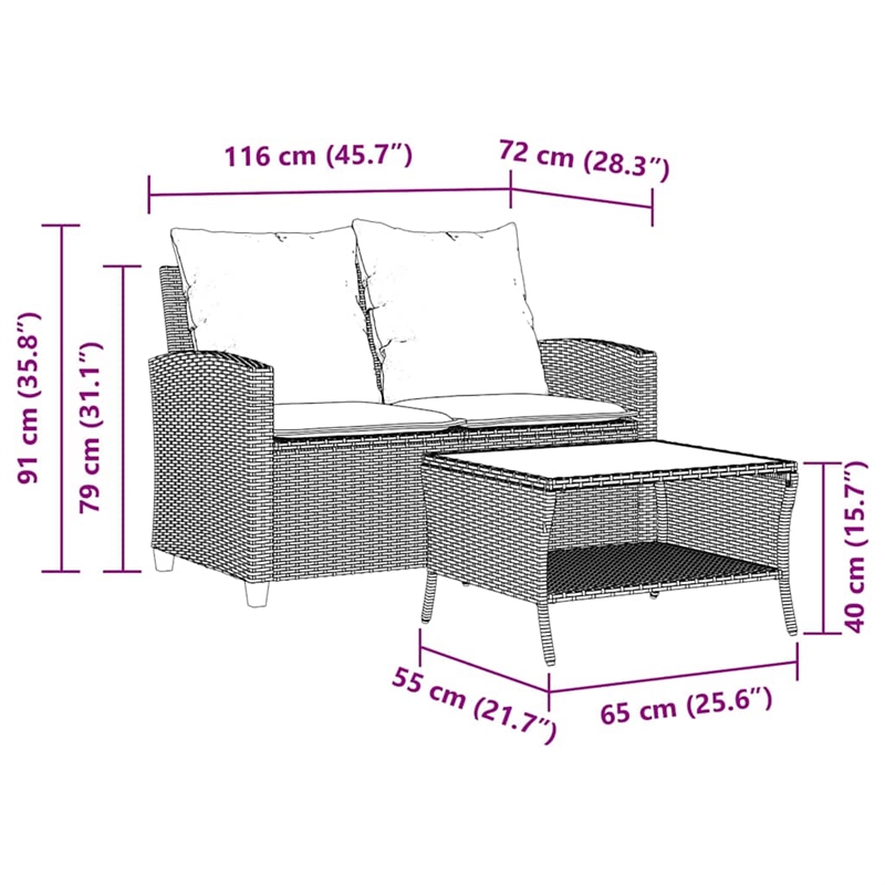 vidaXL 2-Seater Patio Tanle and Sofa w/ Cushions in Turquoise/Black Poly Rattan