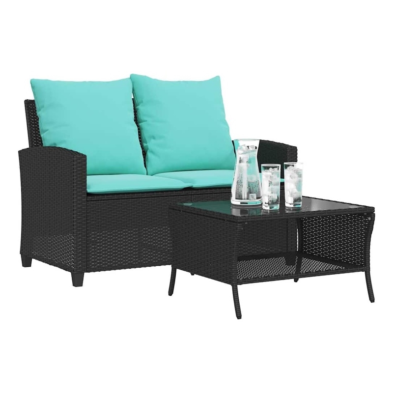 vidaXL 2-Seater Patio Tanle and Sofa w/ Cushions in Turquoise/Black Poly Rattan
