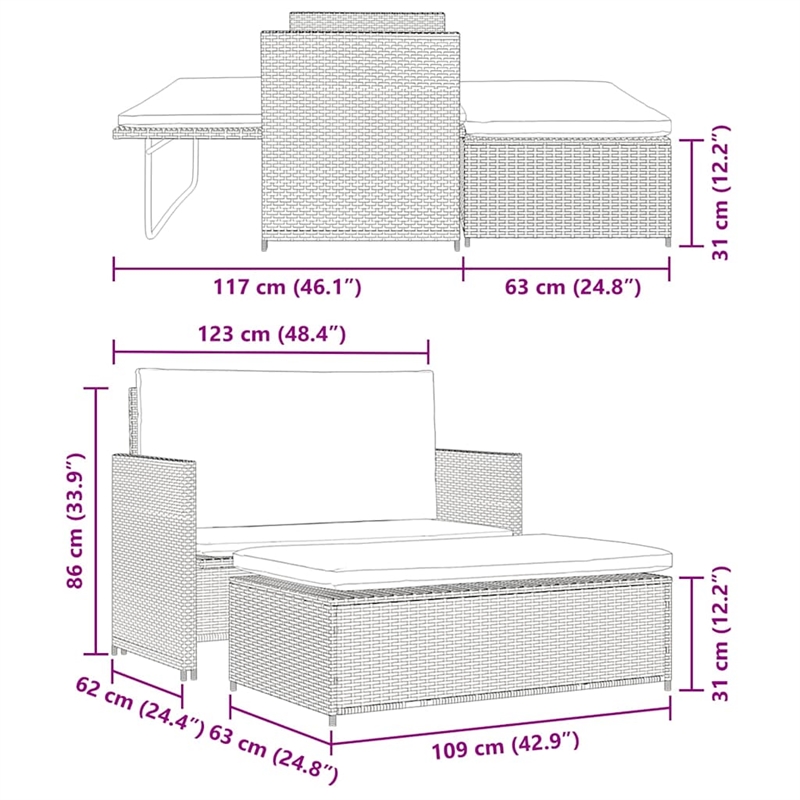 vidaXL 2-Seater Modular PE Rattan Outdoor Furniture Set in Brown