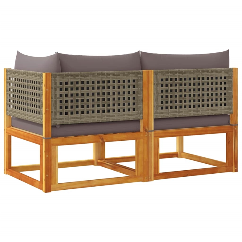 vidaXL 2-Seater Modular Solid Acacia Wood And PE Rattan Garden Sofa in Grey