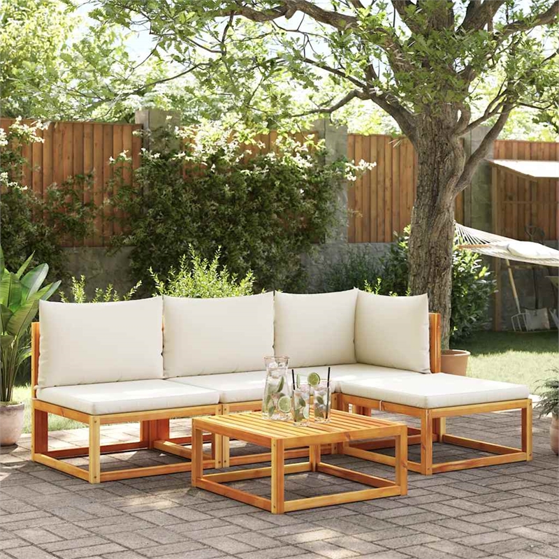 vidaXL St&ard Modular Solid Acacia Wood & PE Rattan Garden Sofa in Beige & Cream