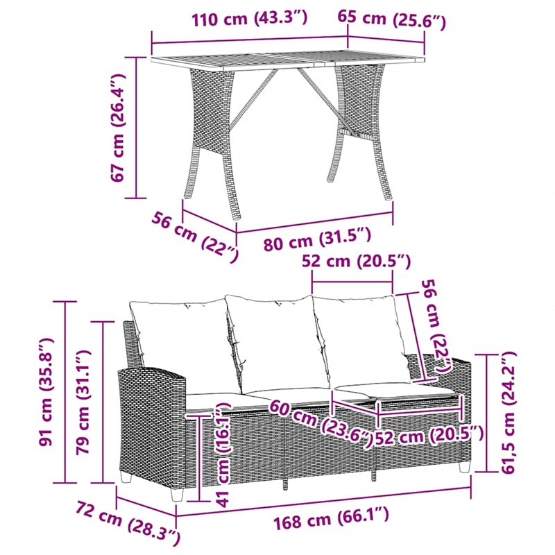 vidaXL 3-Seater PE Rattan Garden Sofa With Adjustable Feet in Light Grey