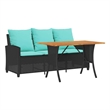 vidaXL Table & 3-Seater Patio Sofa With Cushions in Turquoise/Black Poly Rattan