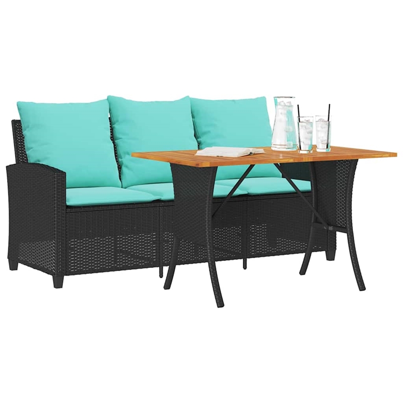 vidaXL Table & 3-Seater Patio Sofa With Cushions in Turquoise/Black Poly Rattan