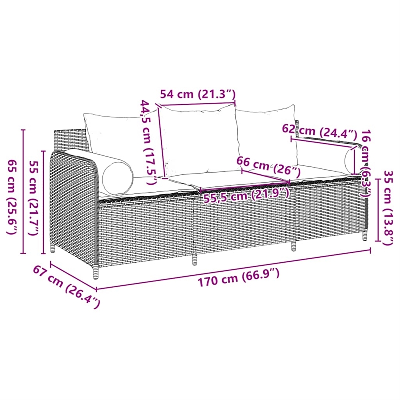 vidaXL 3-Seater PE Rattan And Powder-Coated Steel Garden Sofa in Black