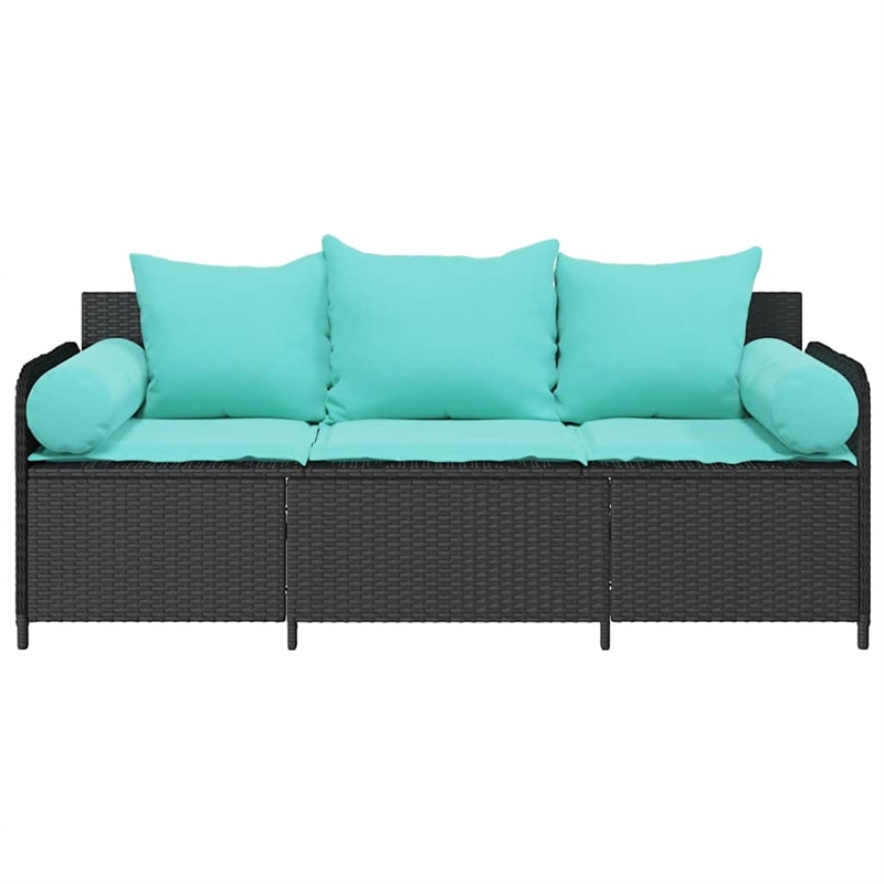 vidaXL 3-Seater Patio Sofa With Cushions in Turquoise And Black Poly Rattan