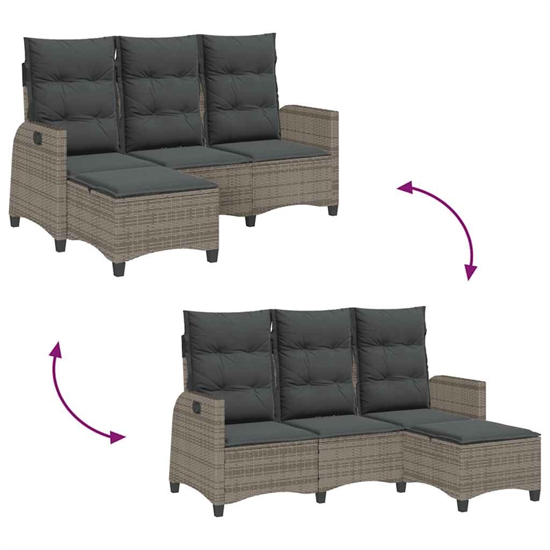vidaXL 3-Seater PE Rattan And Powder-Coated Steel Reclining Garden Sofa in Grey