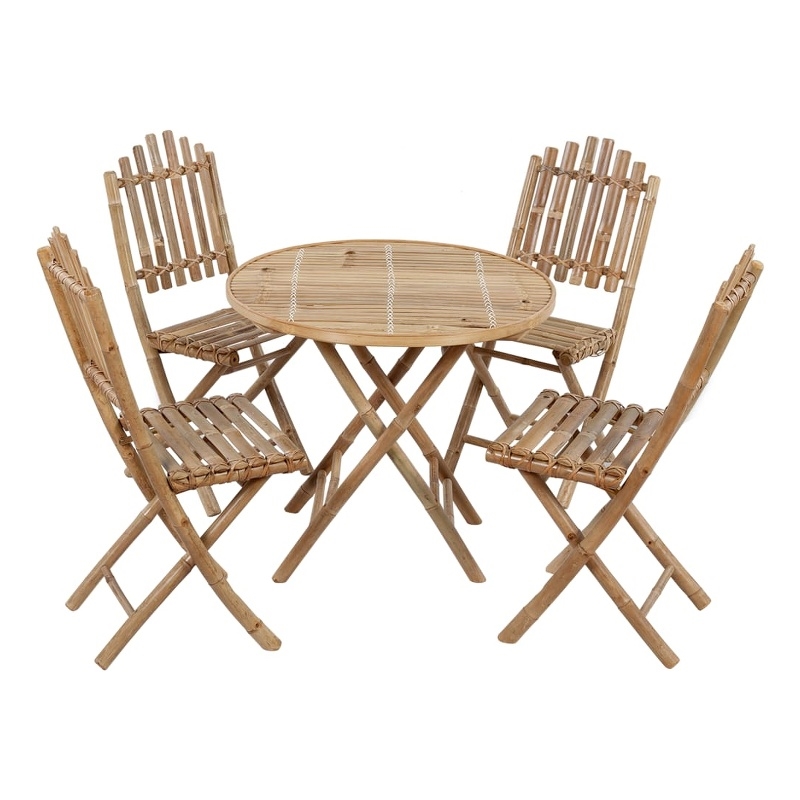 vidaXL Patio Dining Set Wine Red Cushion/Natural Bamboo - Set of 4
