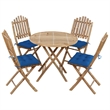 vidaXL Patio Dining Set Bamboo Color/Blue Cushions - Set of 4