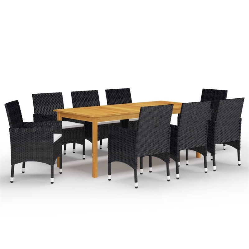 vidaXL Solid Acacia Wood/PE Rattan Large Dining Set in Black/Cream White