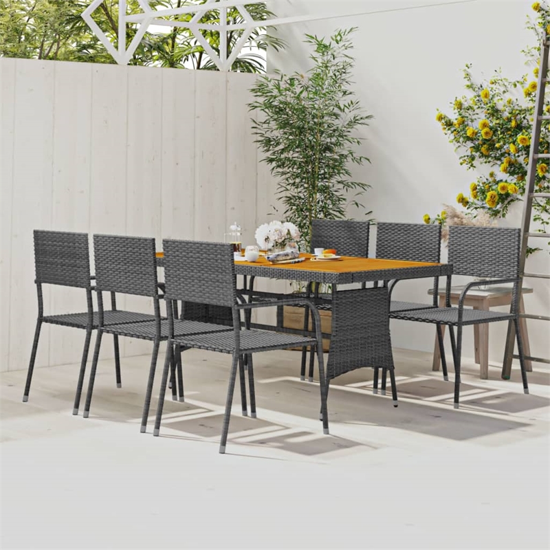 vidaXL PE Rattan & Solid Acacia Wood 7 Piece Outdoor Dining Set in Gray