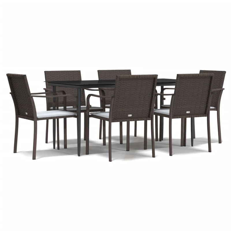 vidaXL PE Rattan/Steel/Tempered Glass/Fabric Garden Dining Set in Brown