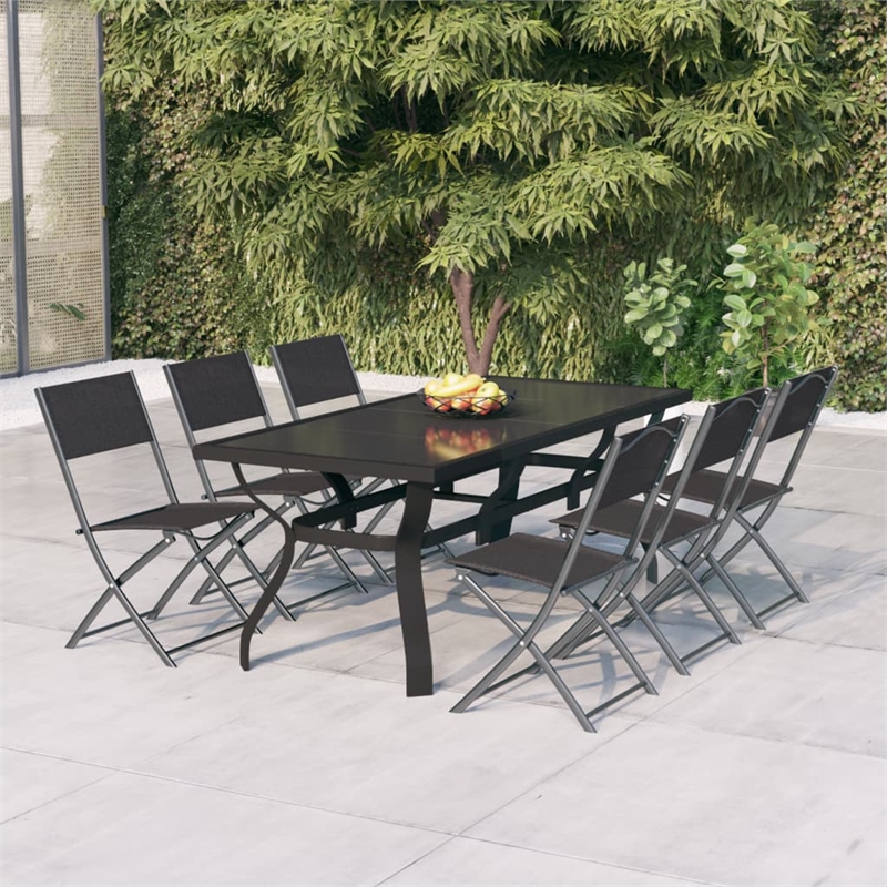 vidaXL Powder-Coated Steel 7 Piece Foldable Garden Dining Set in Grey