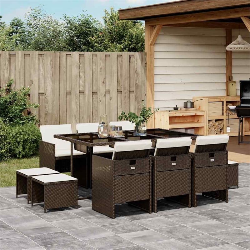 vidaXL 11 Piece Poly Rattan Foldable Garden Dining Set in Brown