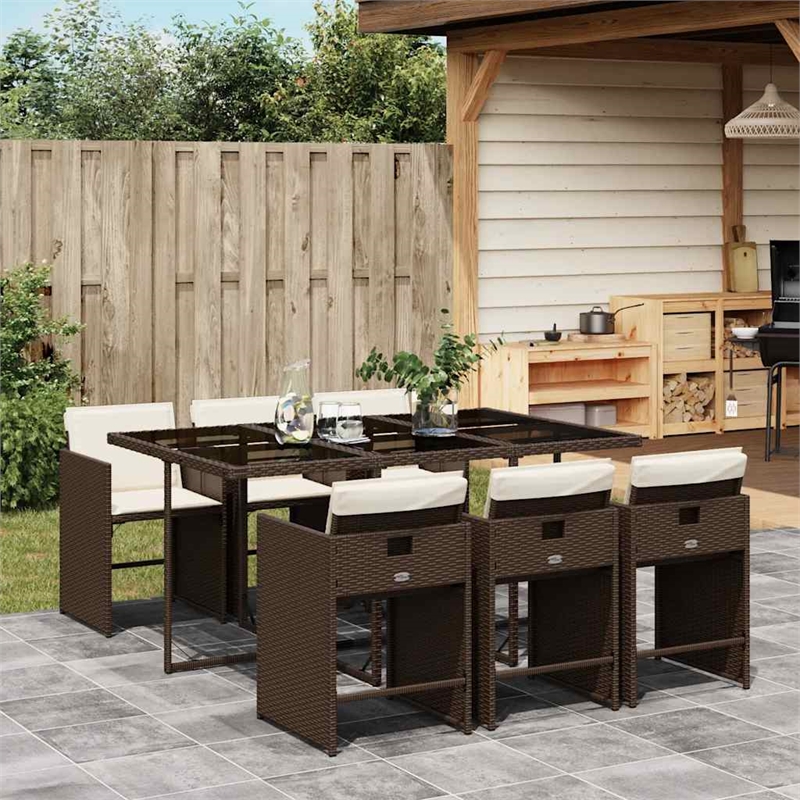 vidaXL 7 Piece Poly Rattan Garden Dining Set in Brown/Cream white/Black