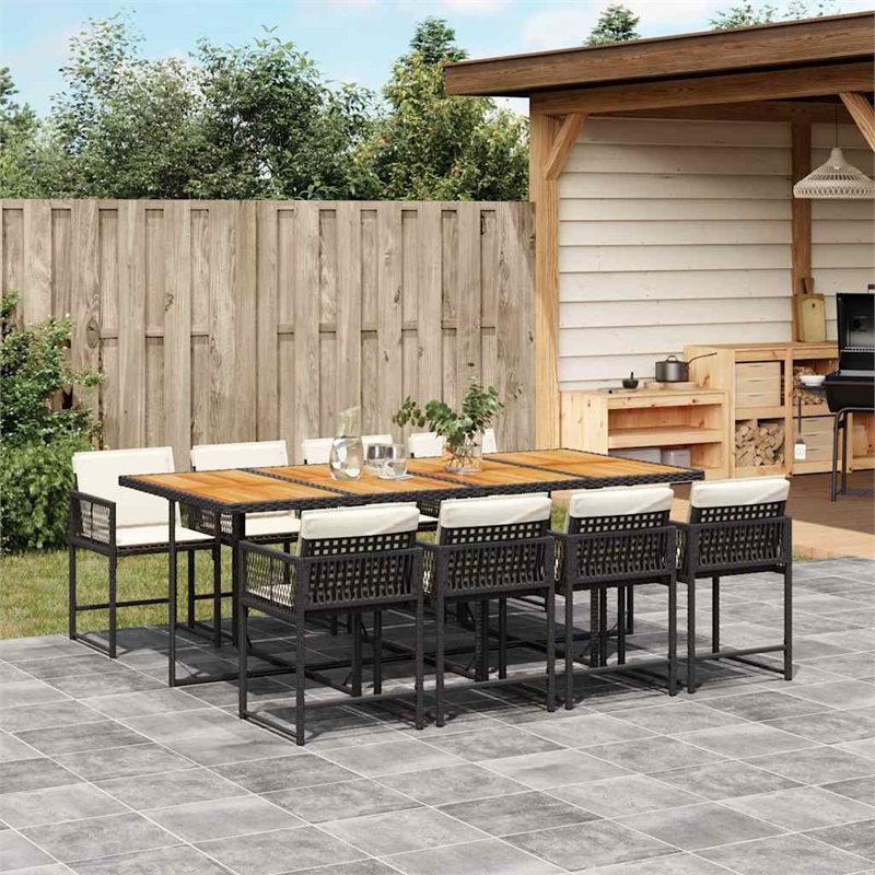 vidaXL 9 Piece Poly Rattan Garden Dining Set with Cushions in Black and Brown