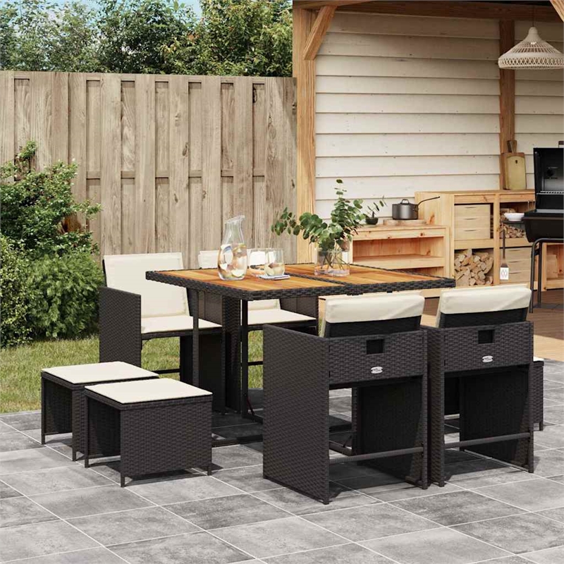 vidaXL 9 Piece Poly Rattan Garden Dining Set in Black/Cream White