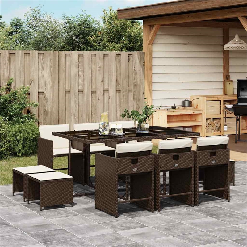 vidaXL 11 Piece Poly Rattan Garden Dining Set in Brown/Cream white/Black