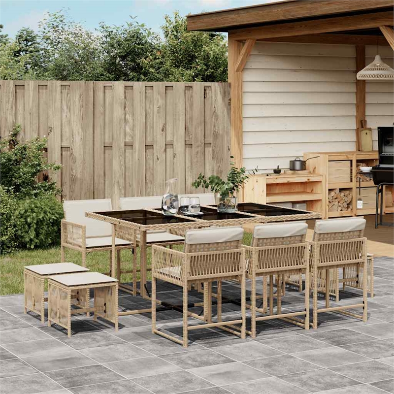vidaXL 11 Piece Poly Rattan Garden Dining Set in Beige/Cream White/Black