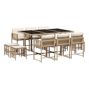 vidaXL 11 Piece Poly Rattan Garden Dining Set in Beige/Cream White/Black