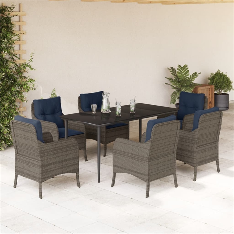 vidaXL 7 Piece Poly Rattan Garden Dining Set in Grey/Black/Navy Blue