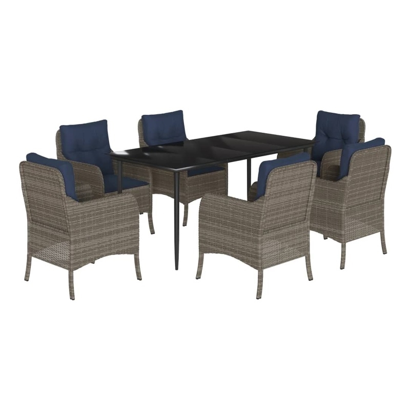 vidaXL 7 Piece Poly Rattan Garden Dining Set in Grey/Black/Navy Blue