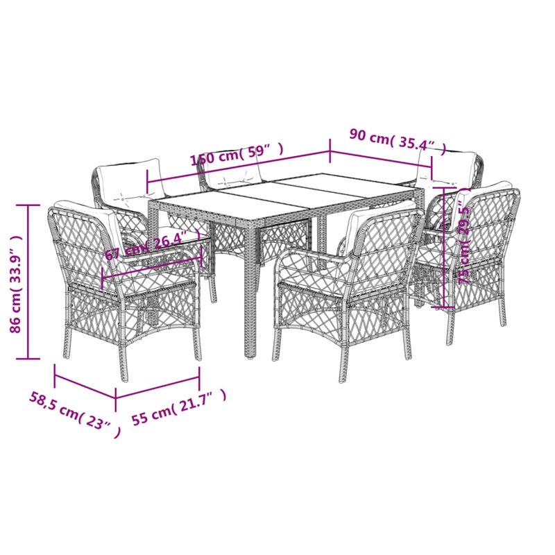 vidaXL 7 Piece Poly Rattan Garden Dining Set in Black/Cream White